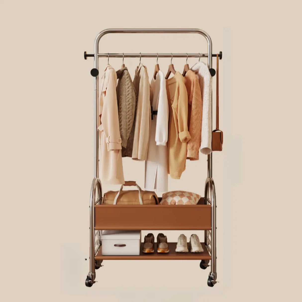 Mobile Metal Freestanding Basket Coat Rack with Shelves Image - 6