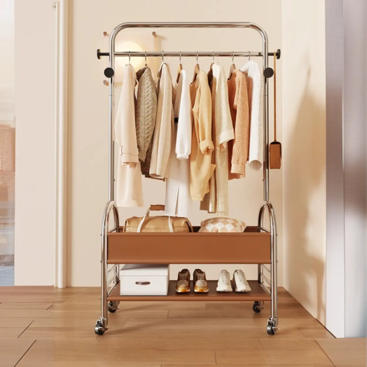 Mobile Metal Freestanding Basket Coat Rack with Shelves Image - 7