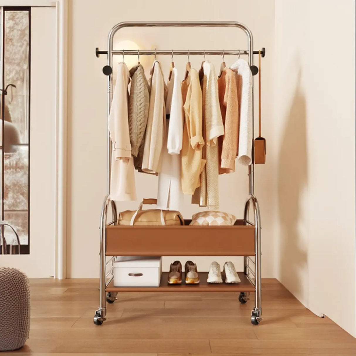 Mobile Metal Freestanding Basket Coat Rack with Shelves Image - 9