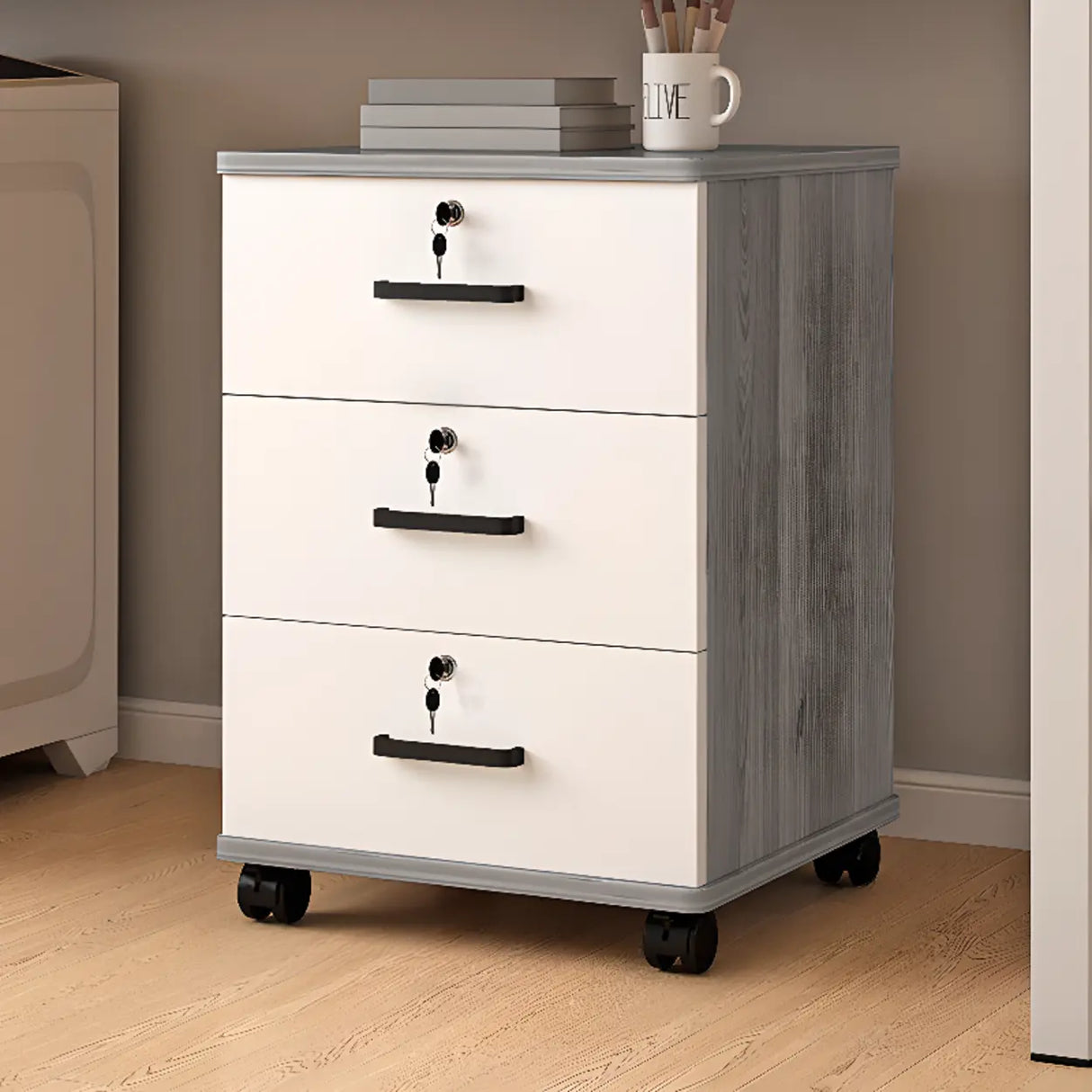 Mobile Vertical Wood Light Gray Storage Filing Cabinet Image - 1