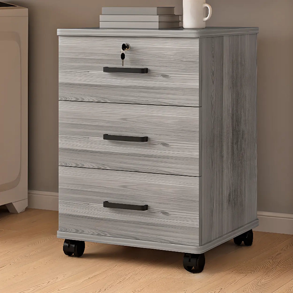 Mobile Vertical Wood Light Gray Storage Filing Cabinet Image - 10