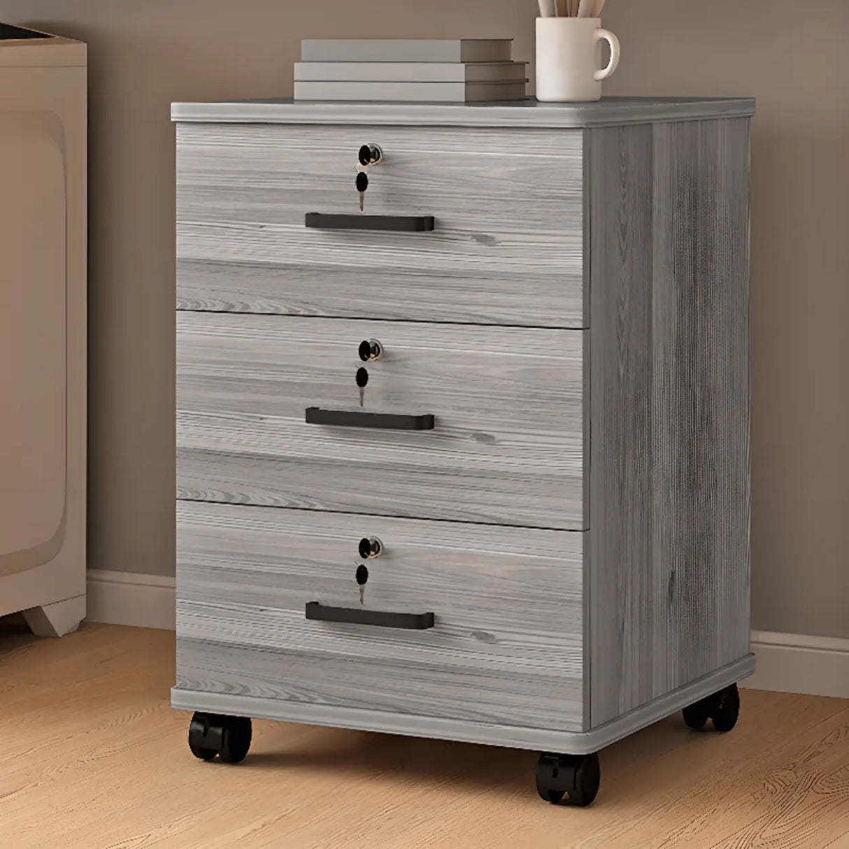 Mobile Vertical Wood Light Gray Storage Filing Cabinet Image - 11