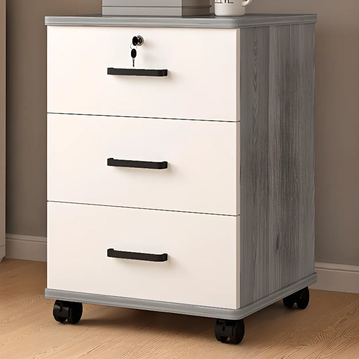 Mobile Vertical Wood Light Gray Storage Filing Cabinet Image - 13