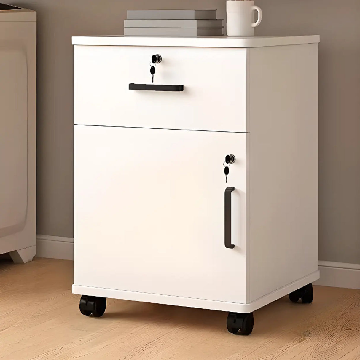 Mobile Vertical Wood Light Gray Storage Filing Cabinet Image - 15