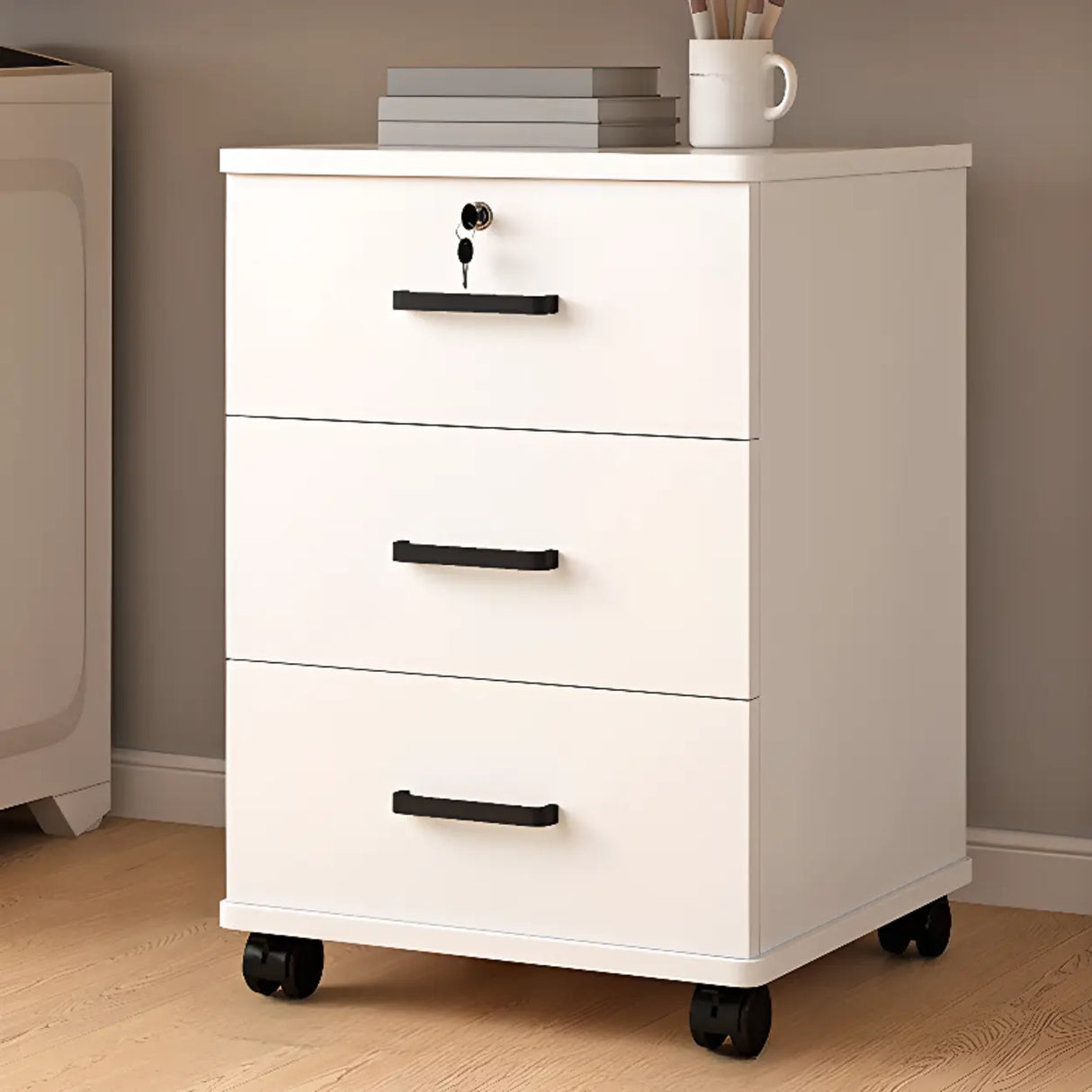 Mobile Vertical Wood Light Gray Storage Filing Cabinet Image - 2