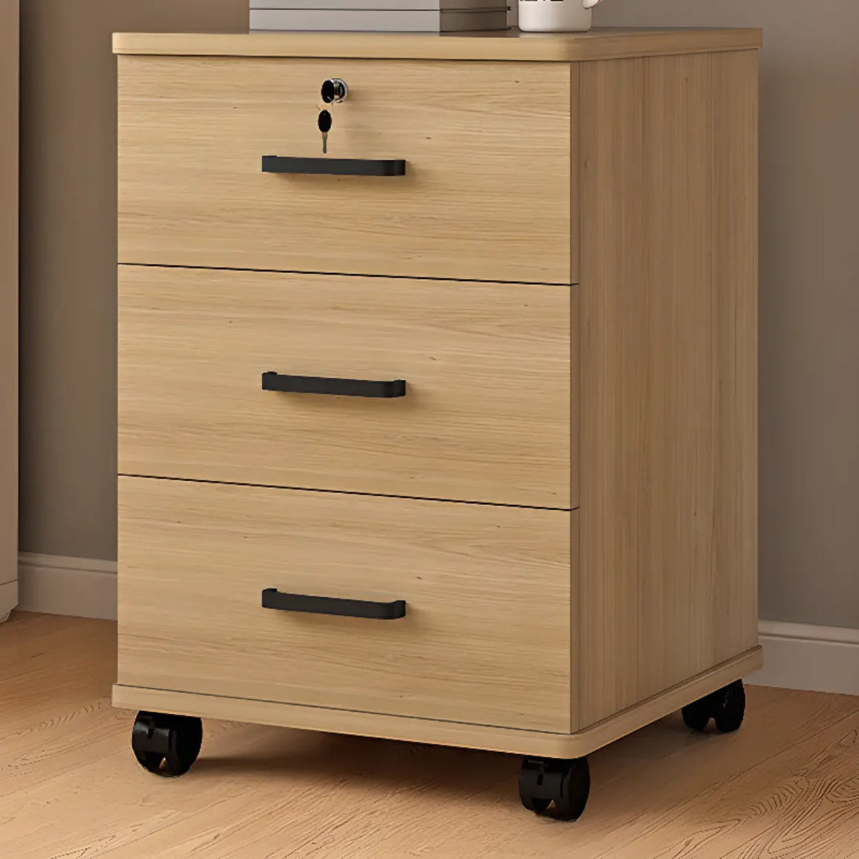 Mobile Vertical Wood Light Gray Storage Filing Cabinet Image - 3