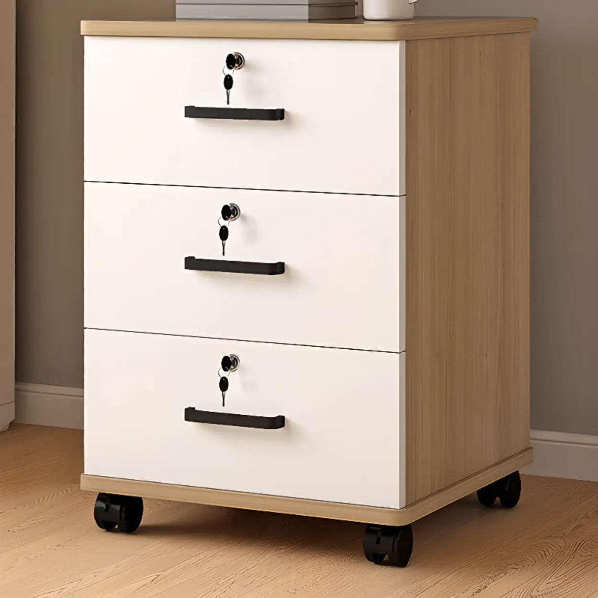 Mobile Vertical Wood Light Gray Storage Filing Cabinet Image - 4