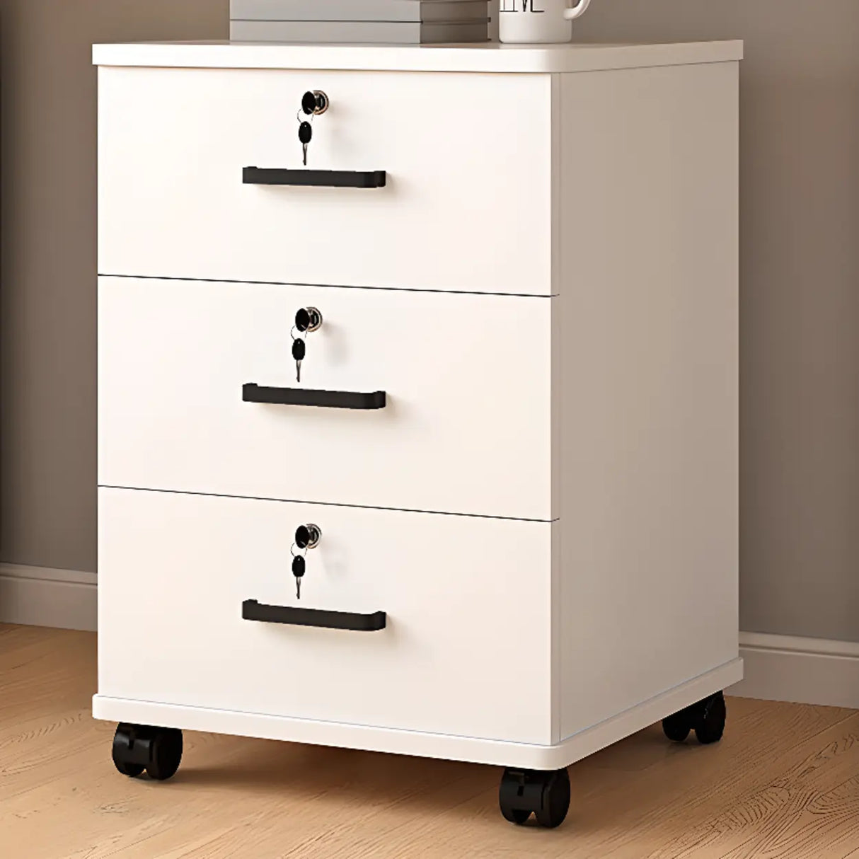 Mobile Vertical Wood Light Gray Storage Filing Cabinet Image - 5