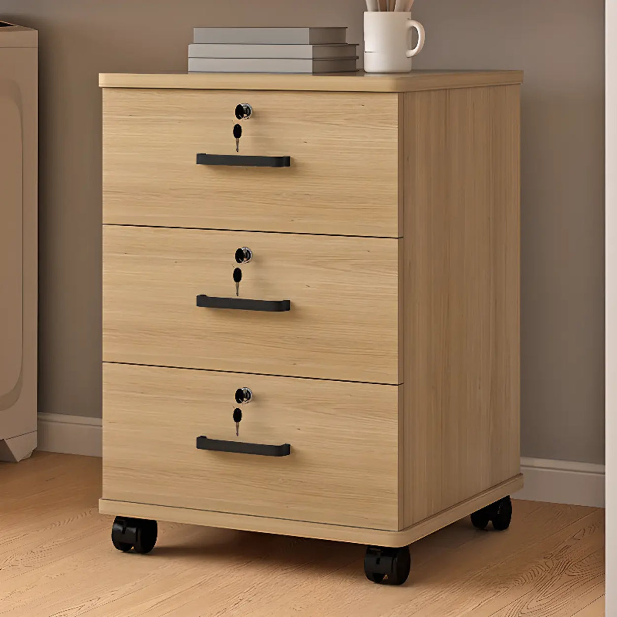 Mobile Vertical Wood Light Gray Storage Filing Cabinet Image - 6