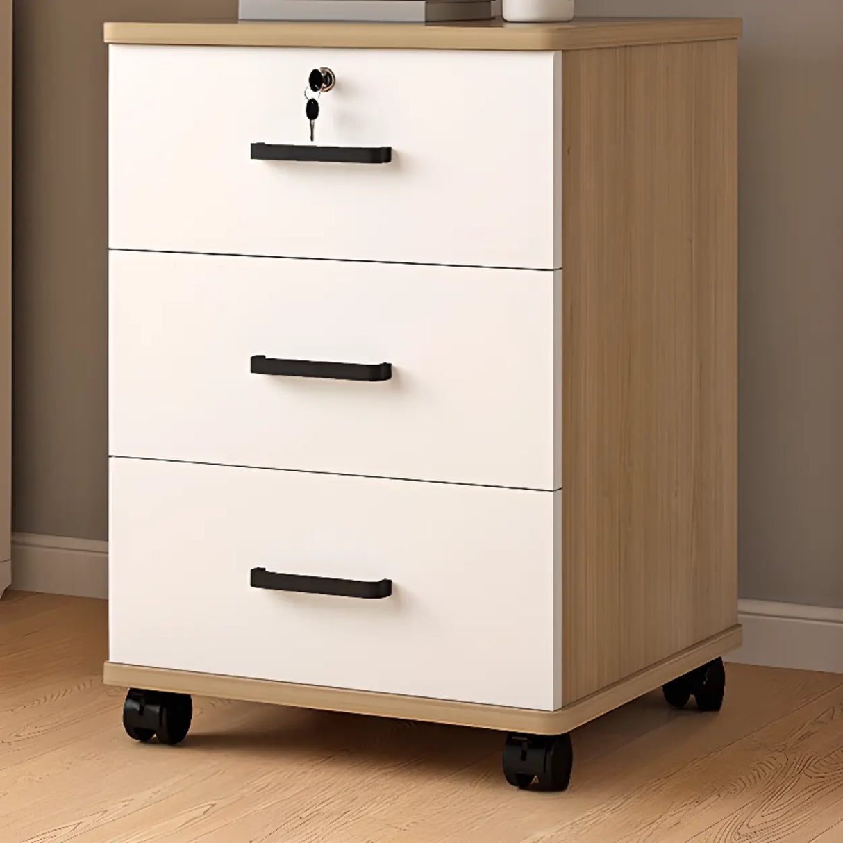 Mobile Vertical Wood Light Gray Storage Filing Cabinet Image - 7