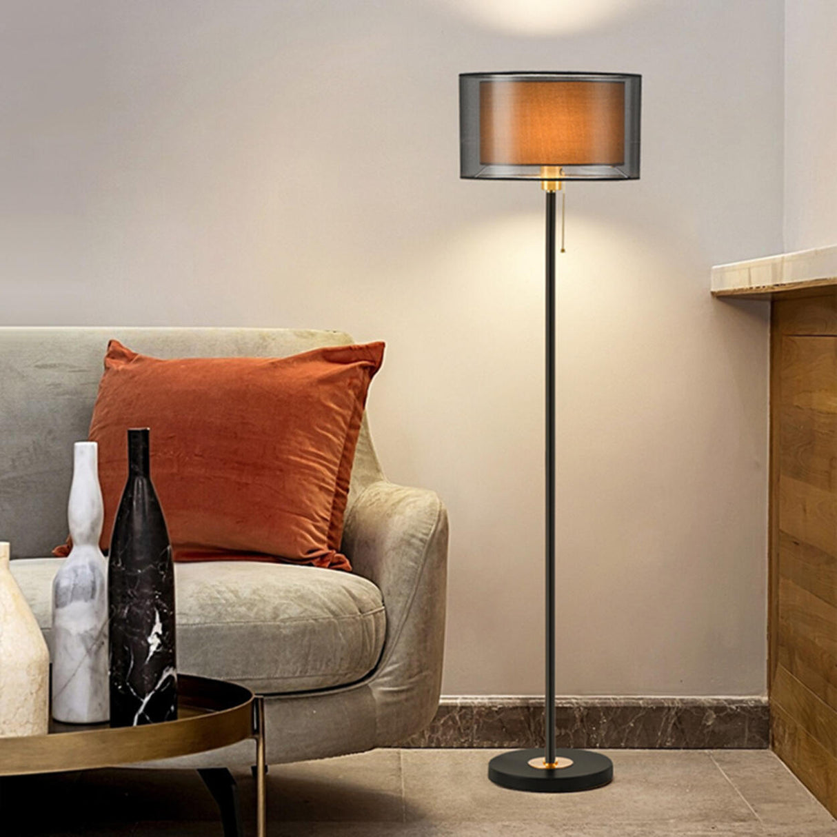 Modern 2-Tier Metal Drum Fabric Floor Lamp Foot Switch Image - 5