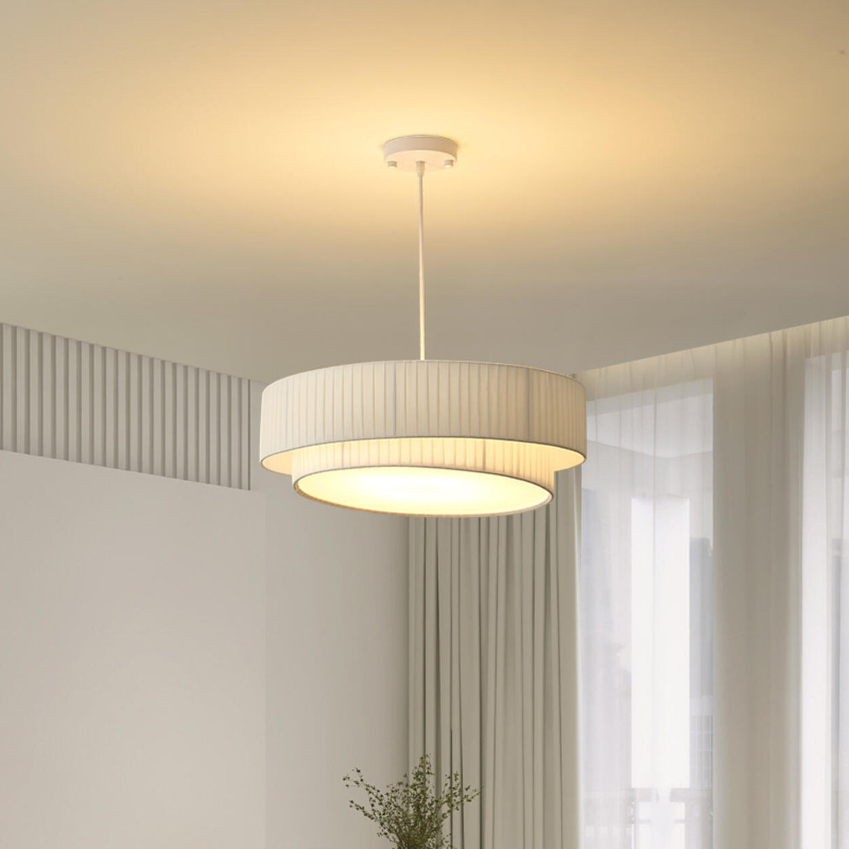 Modern 2 Tiers Fabric Drum Chandelier Adjustable Height Image - 7