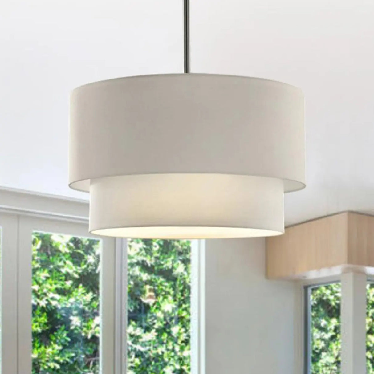 Modern 2 Tiers Fabric Drum Pendant Light Image - 1