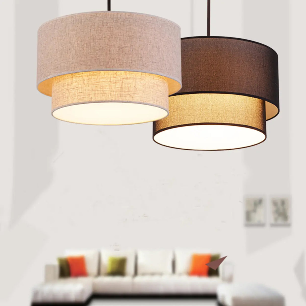 Modern 2 Tiers Fabric Drum Pendant Light Image - 3