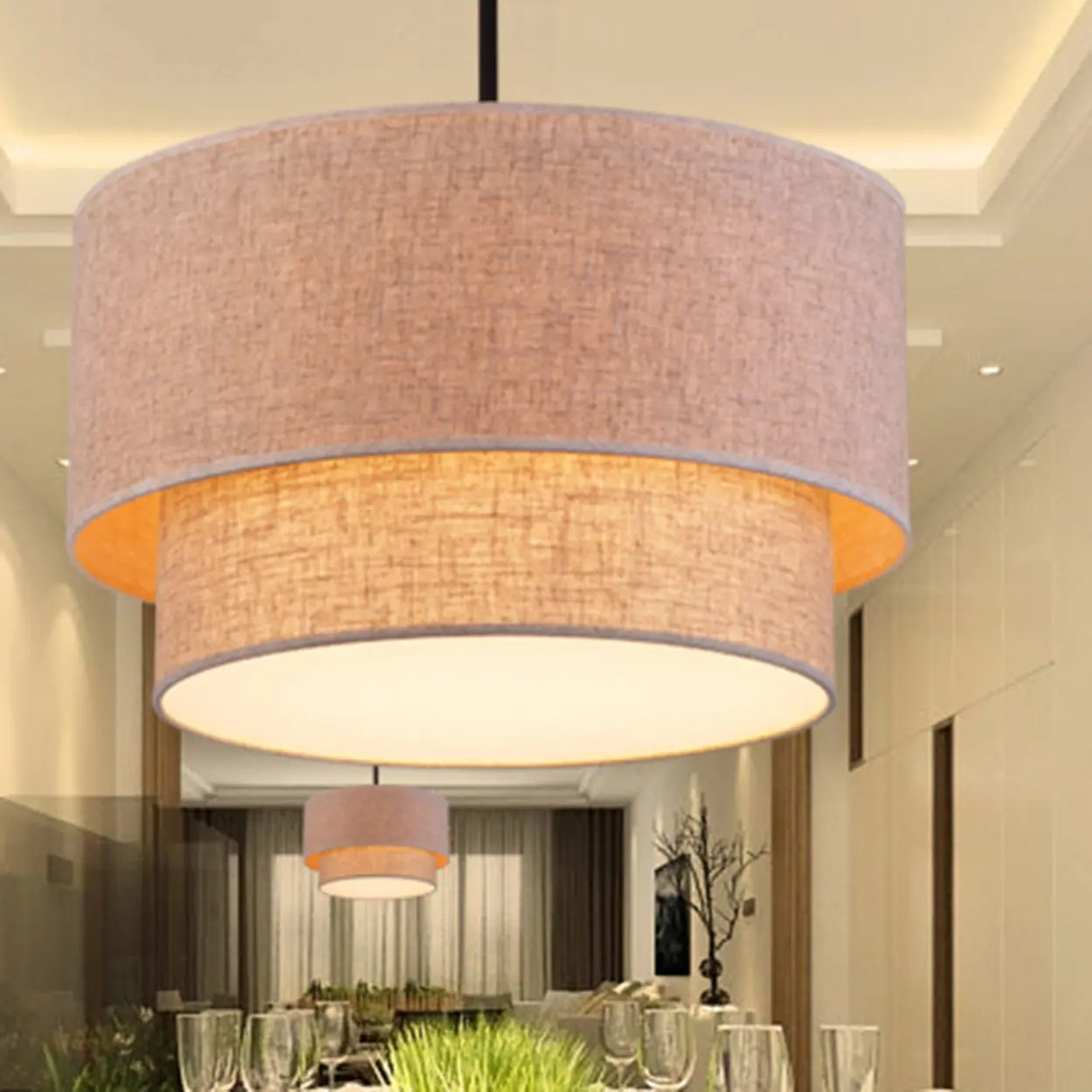 Modern 2 Tiers Fabric Drum Pendant Light Image - 5