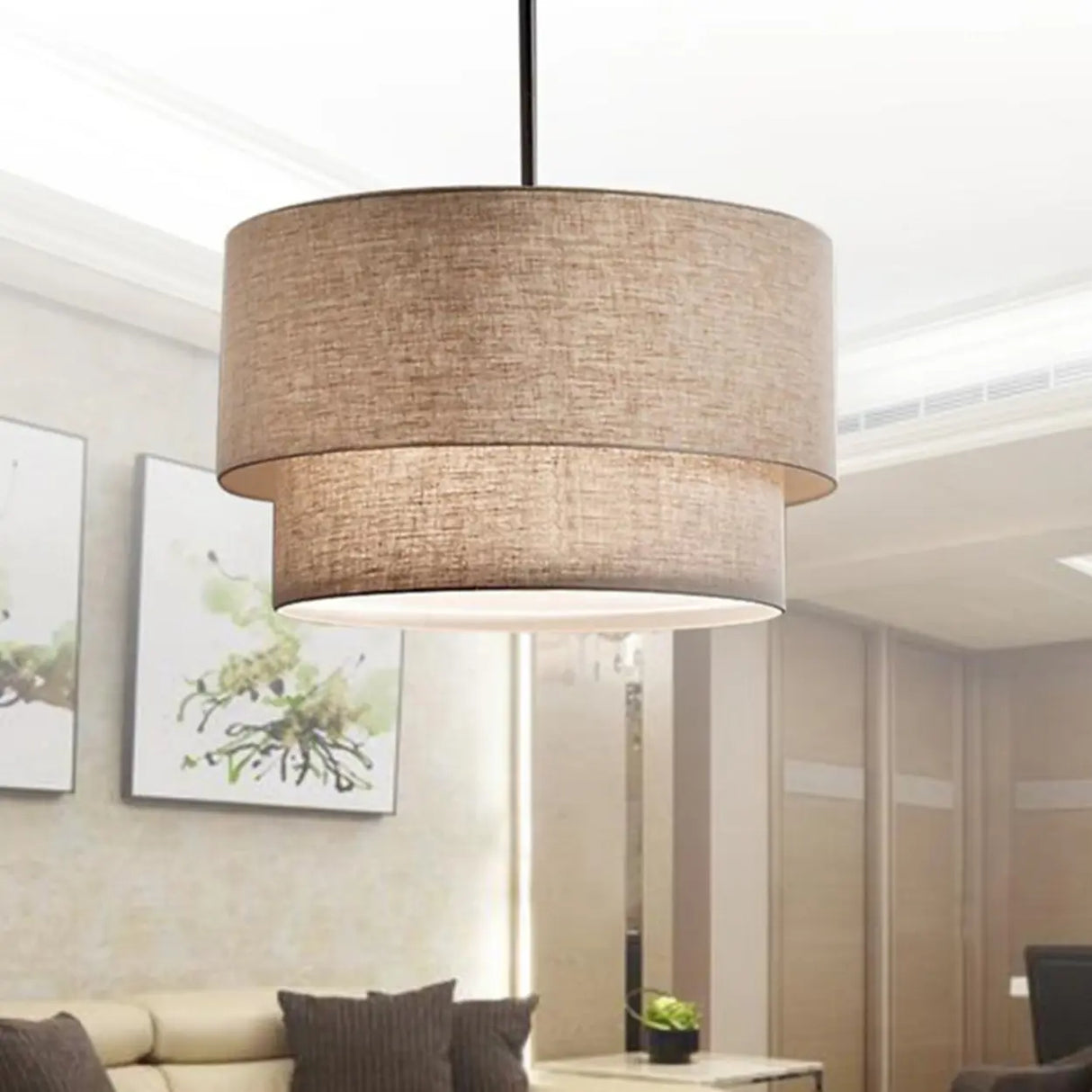 Modern 2 Tiers Fabric Drum Pendant Light Image - 6