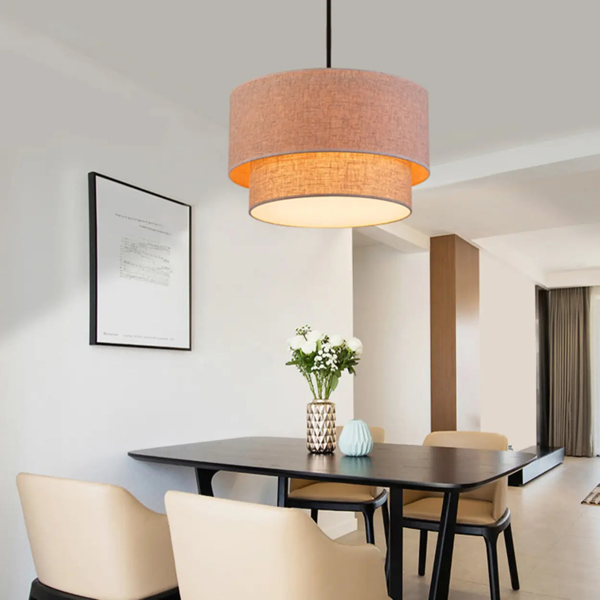 Modern 2 Tiers Fabric Drum Pendant Light Image - 7