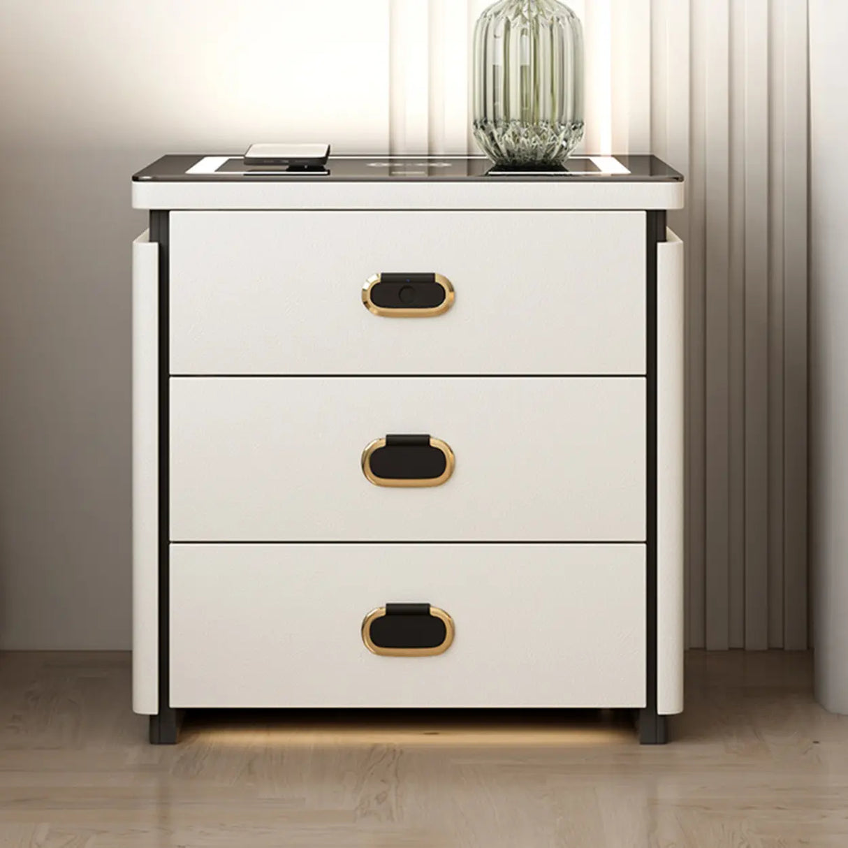 Modern 3-Drawer Leather White Nightstand with Lighting Image - 1