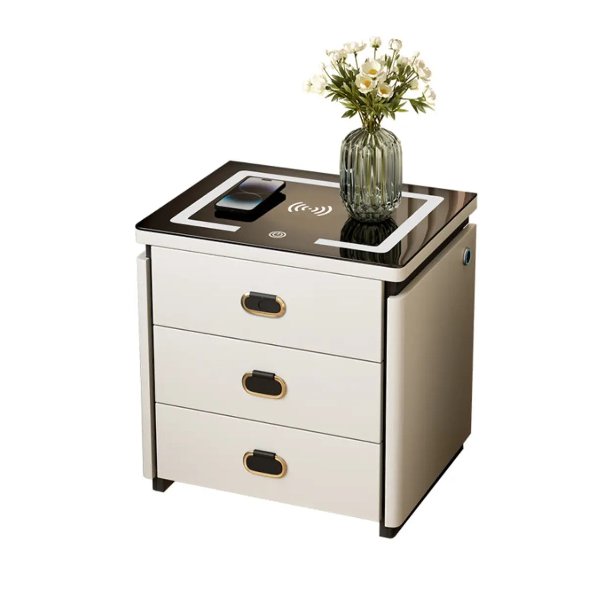 Modern 3-Drawer Leather White Nightstand with Lighting Image - 10