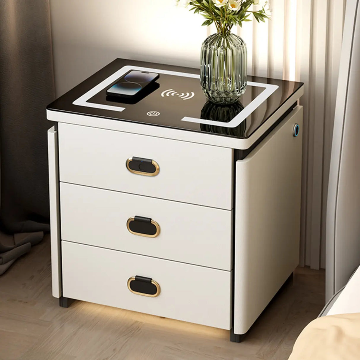 Modern 3-Drawer Leather White Nightstand with Lighting Image - 2