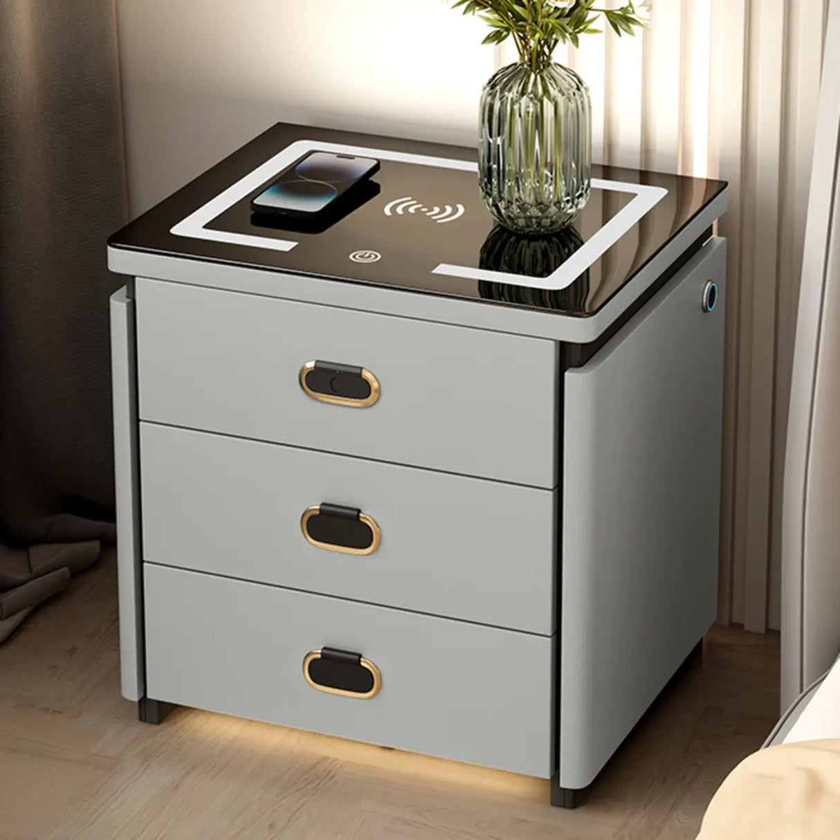 Modern 3-Drawer Leather White Nightstand with Lighting Image - 3