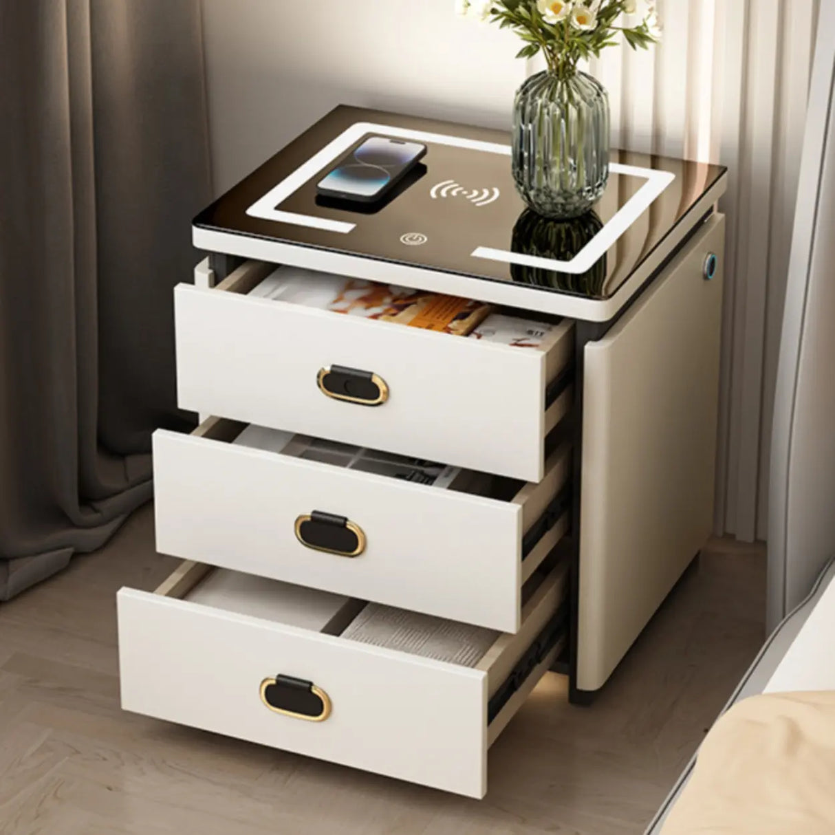 Modern 3-Drawer Leather White Nightstand with Lighting Image - 4