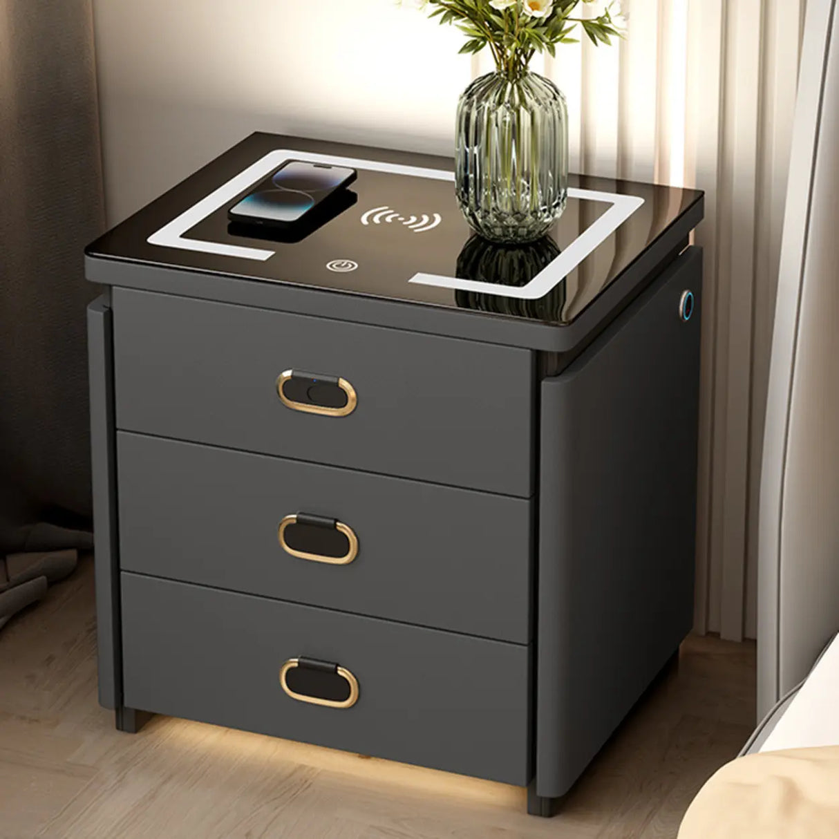 Modern 3-Drawer Leather White Nightstand with Lighting Image - 5