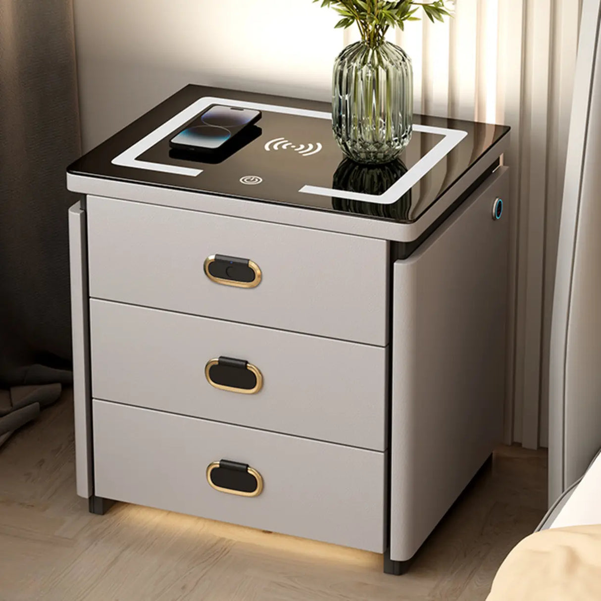 Modern 3-Drawer Leather White Nightstand with Lighting Image - 7