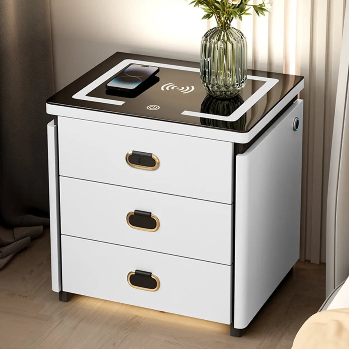 Modern 3-Drawer Leather White Nightstand with Lighting Image - 9