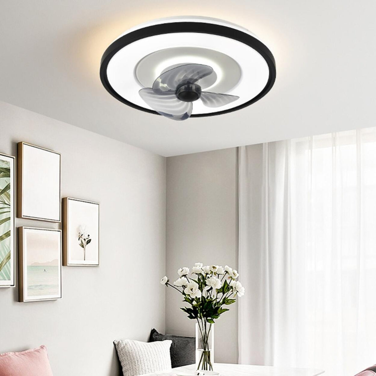 Modern 3 Gray Blade Round Remote Ceiling Fan with Light Image - 17