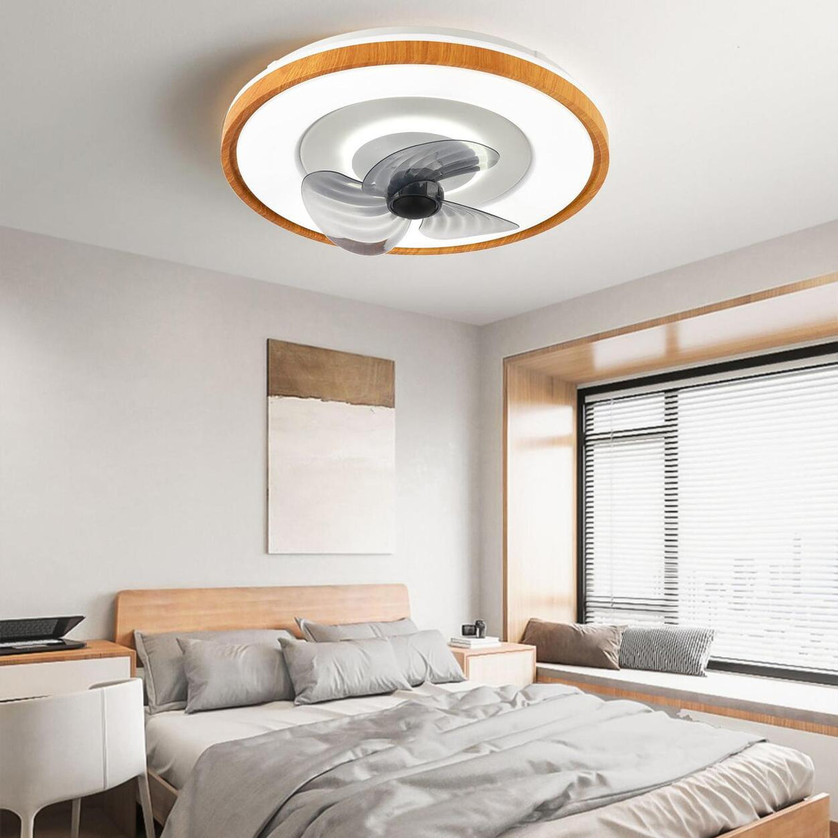 Modern 3 Gray Blade Round Remote Ceiling Fan with Light Image - 4