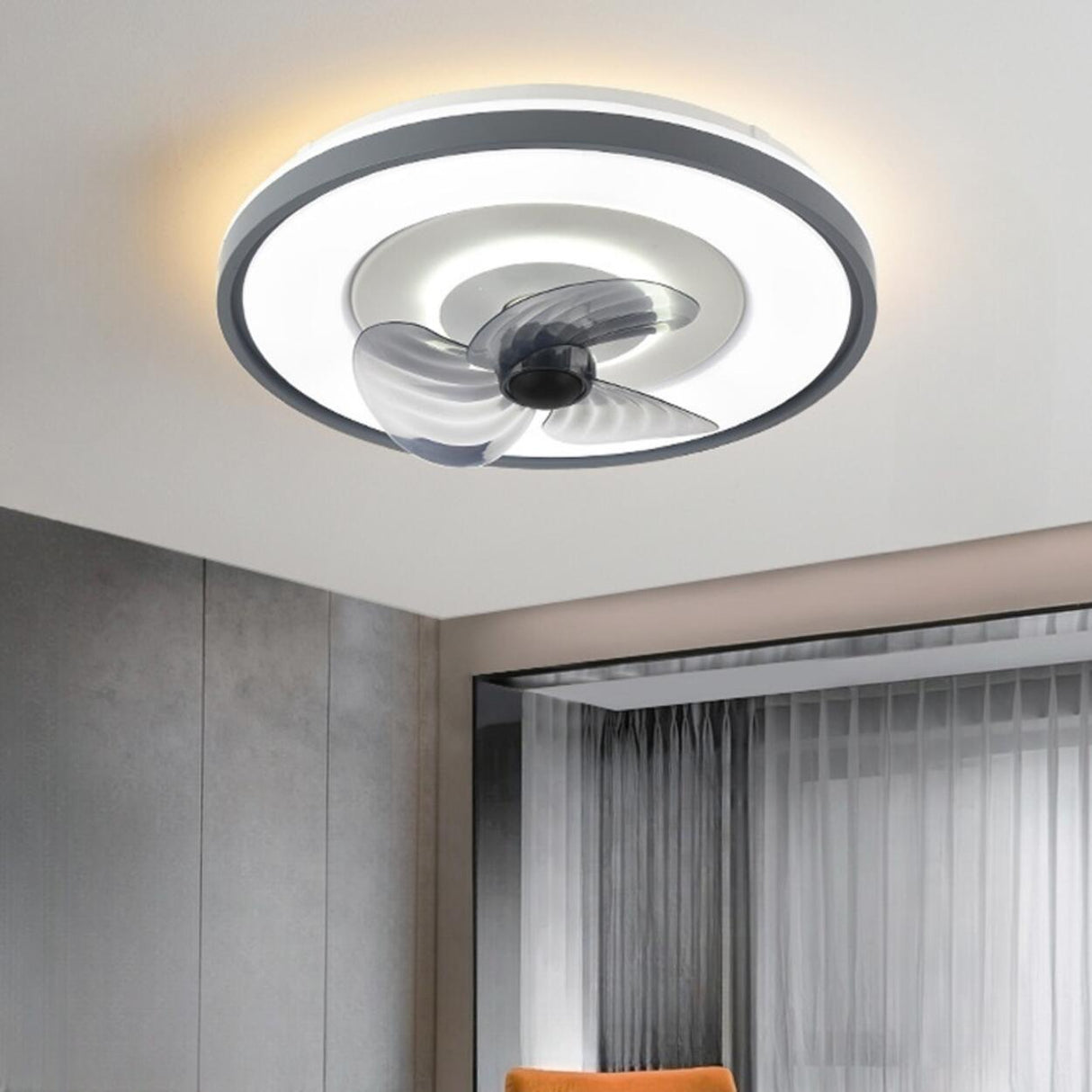 Modern 3 Gray Blade Round Remote Ceiling Fan with Light Image - 6