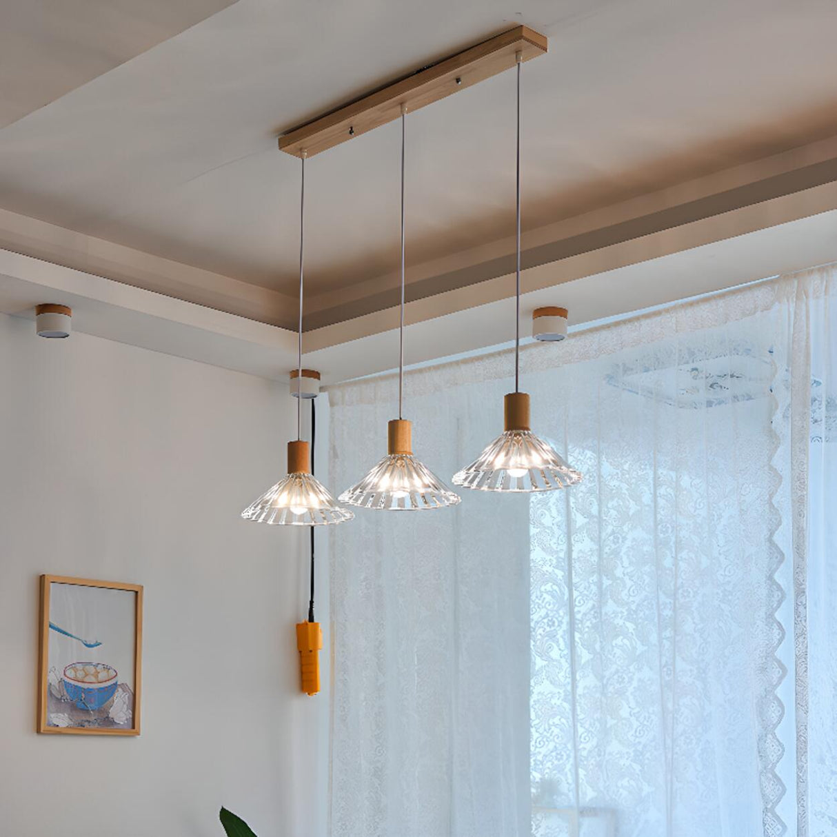 Modern 3-Light Fluted Cone Glass Island Ceiling Light Image - 2