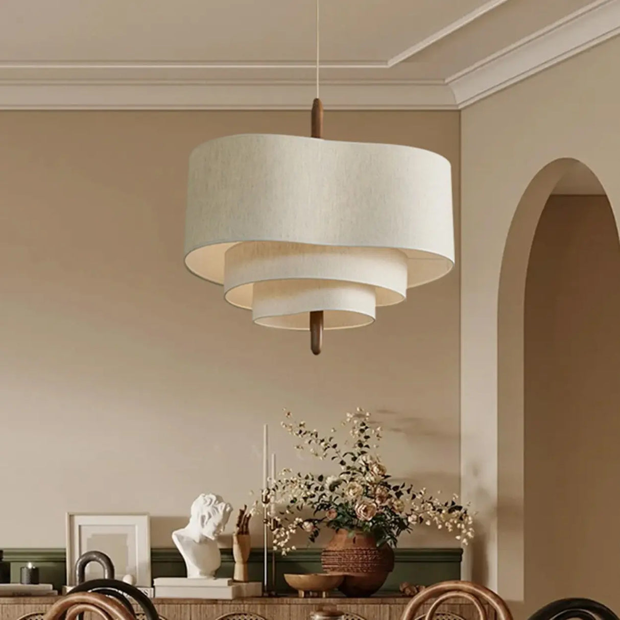 Modern 3 Tiers White Textile Round Chandelier Image - 4