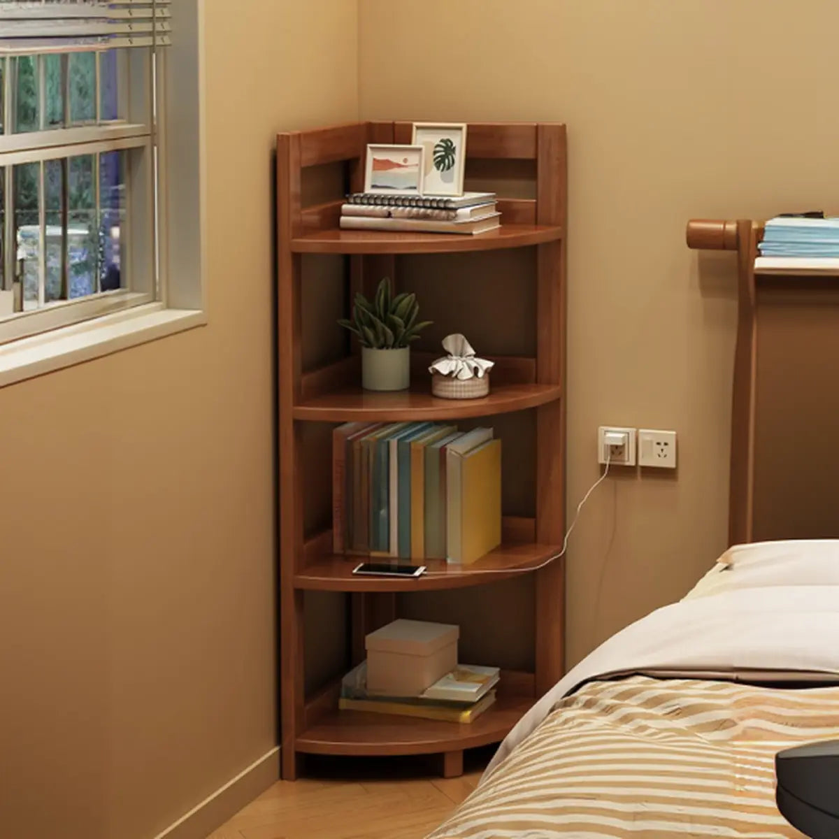 Modern 4 Open Shelves Rubberwood Corner Bookshelf Image - 1