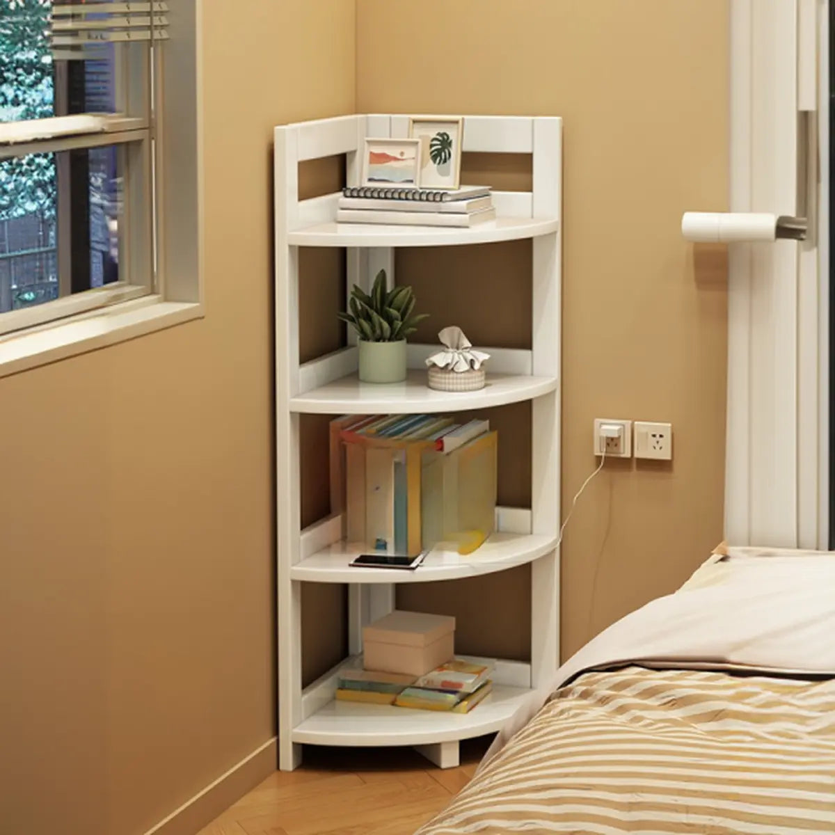 Modern 4 Open Shelves Rubberwood Corner Bookshelf Image - 2