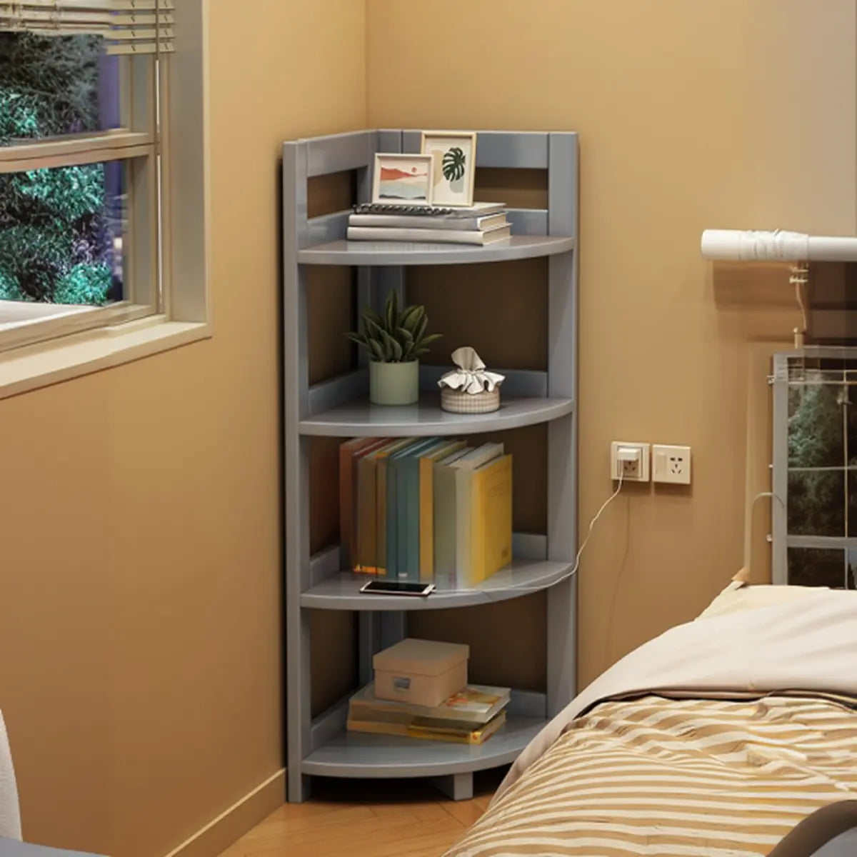 Modern 4 Open Shelves Rubberwood Corner Bookshelf Image - 3