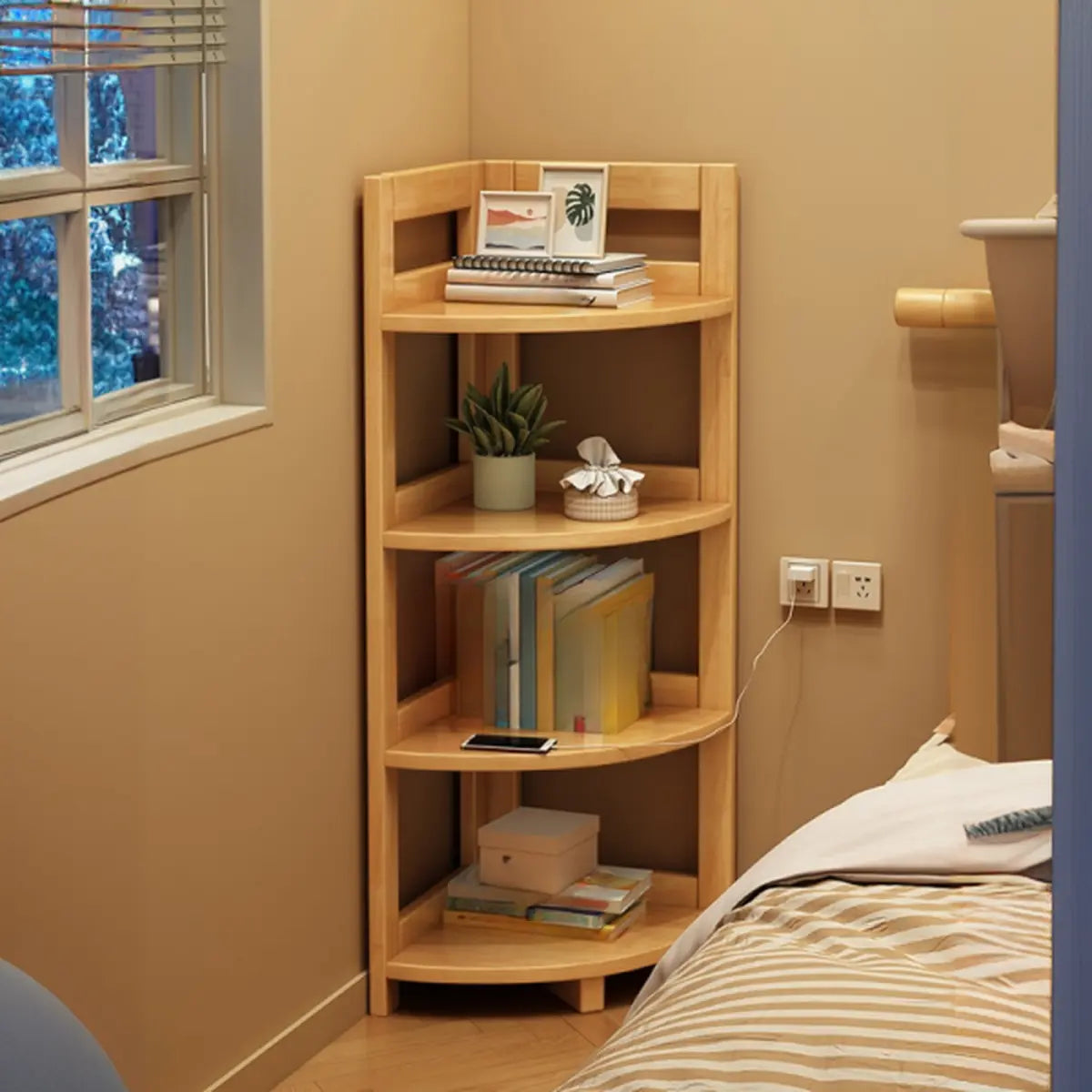 Modern 4 Open Shelves Rubberwood Corner Bookshelf Image - 4