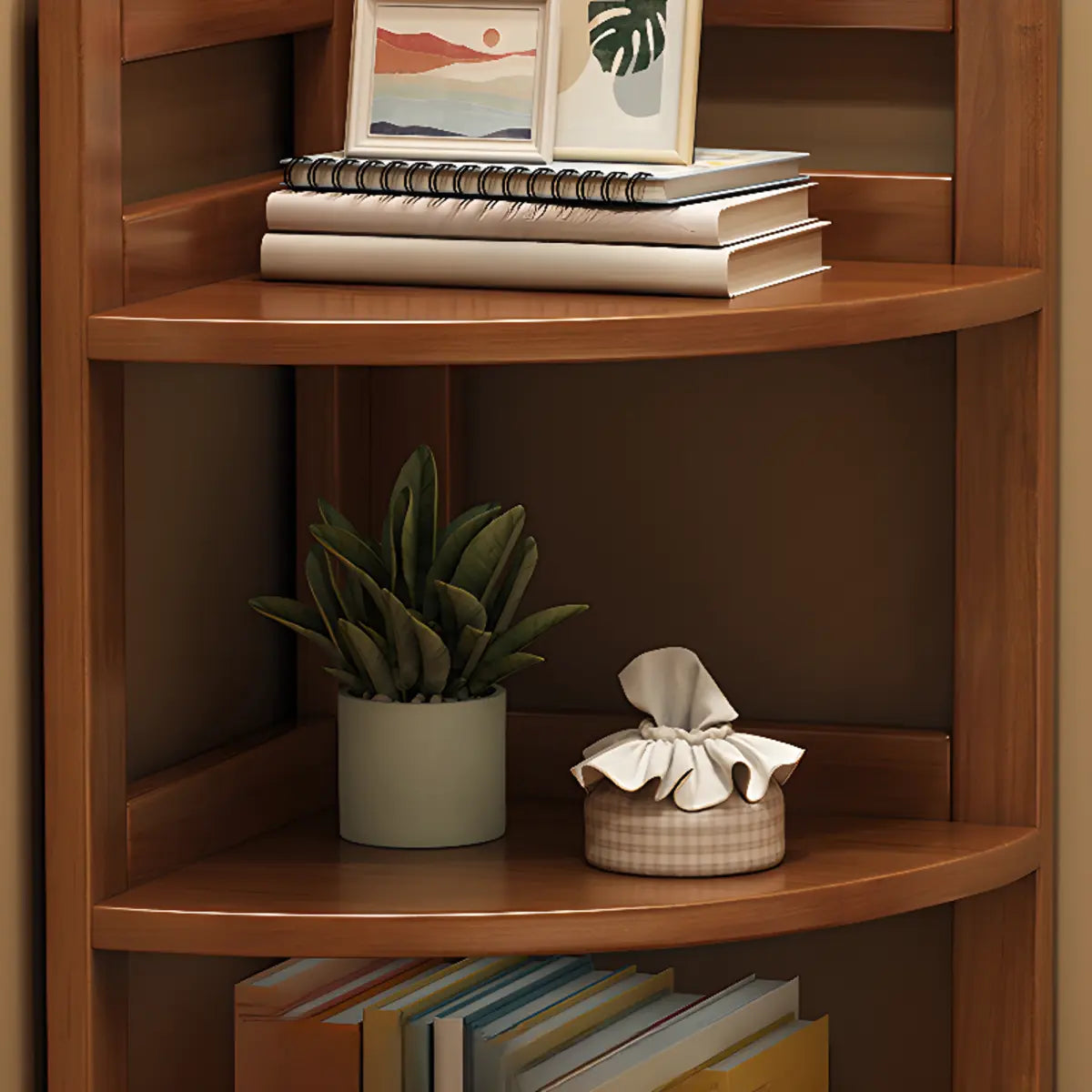 Modern 4 Open Shelves Rubberwood Corner Bookshelf Image - 6