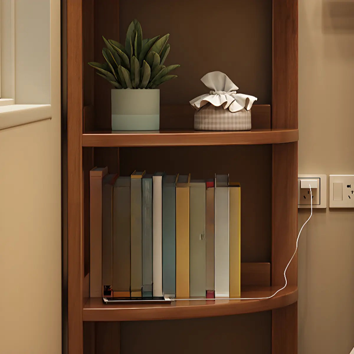 Modern 4 Open Shelves Rubberwood Corner Bookshelf Image - 9