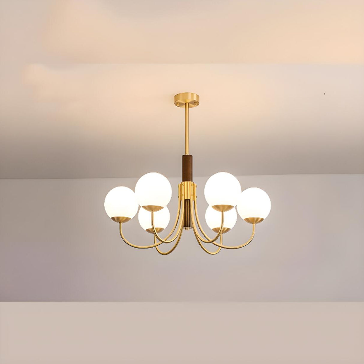 Modern 6-Light Brass Globe Opal Glass Chandelier Image - 3