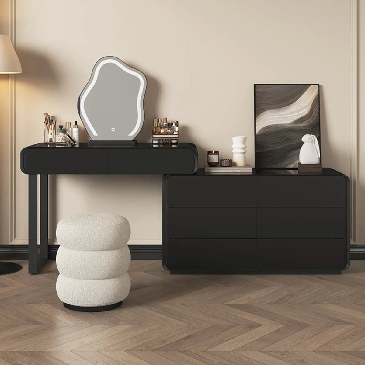 Modern Abstract Black Wood Bedroom LED Mirror Makeup Vanity Image - 1