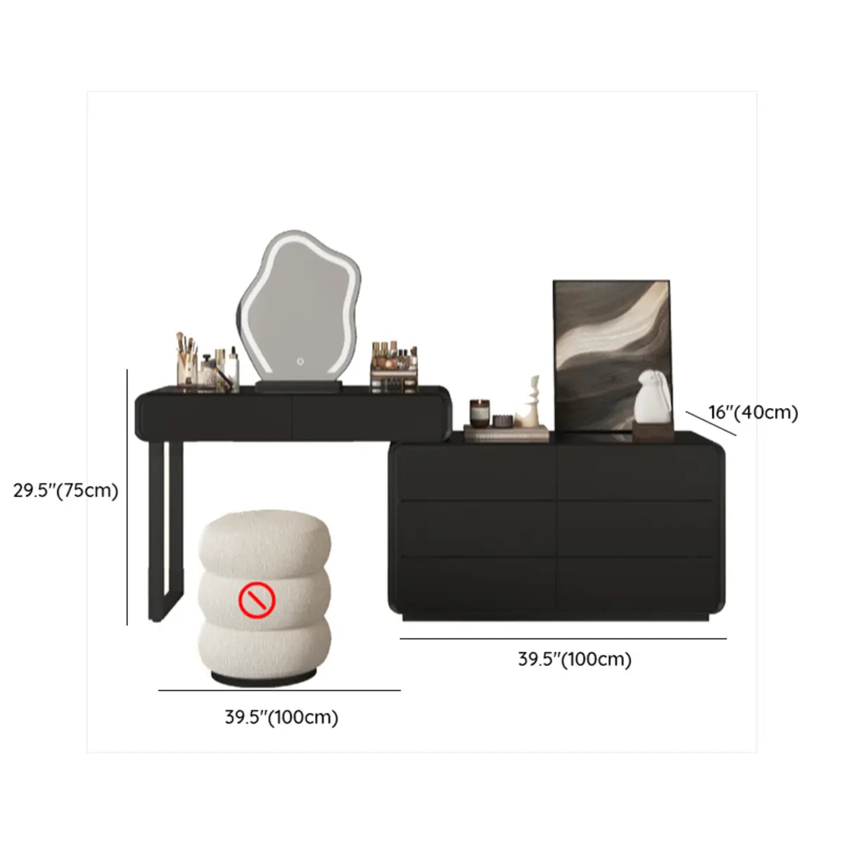 Modern Abstract Black Wood Bedroom LED Mirror Makeup Vanity Image - 32