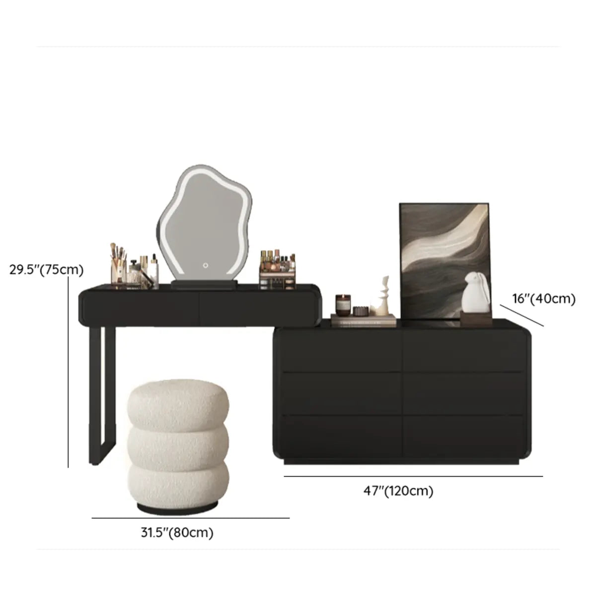 Modern Abstract Black Wood Bedroom LED Mirror Makeup Vanity Image - 35