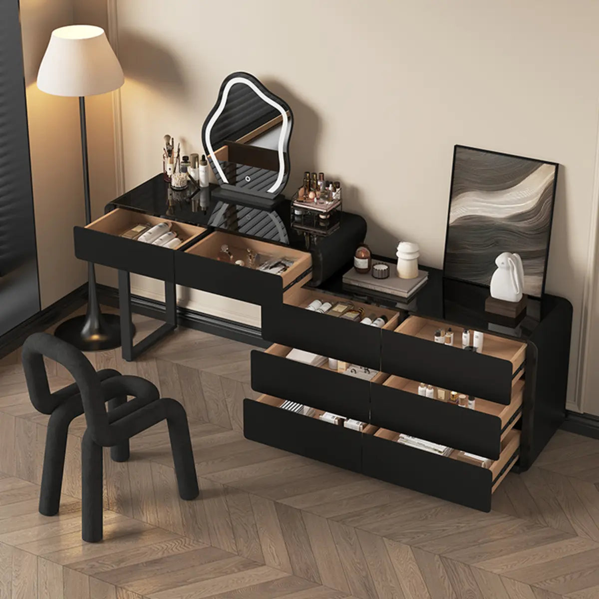 Modern Abstract Black Wood Bedroom LED Mirror Makeup Vanity Image - 4