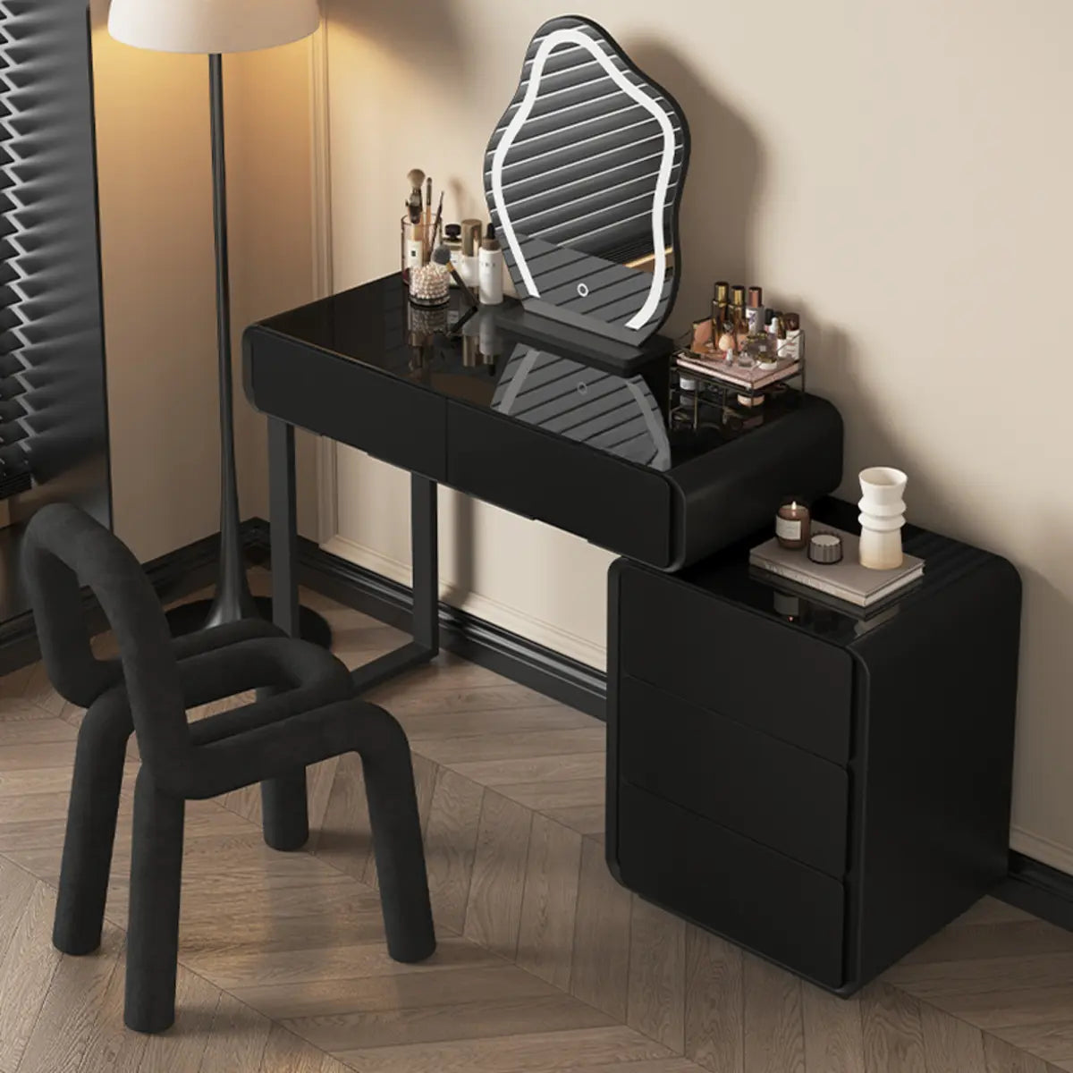 Modern Abstract Black Wood Bedroom LED Mirror Makeup Vanity Image - 6