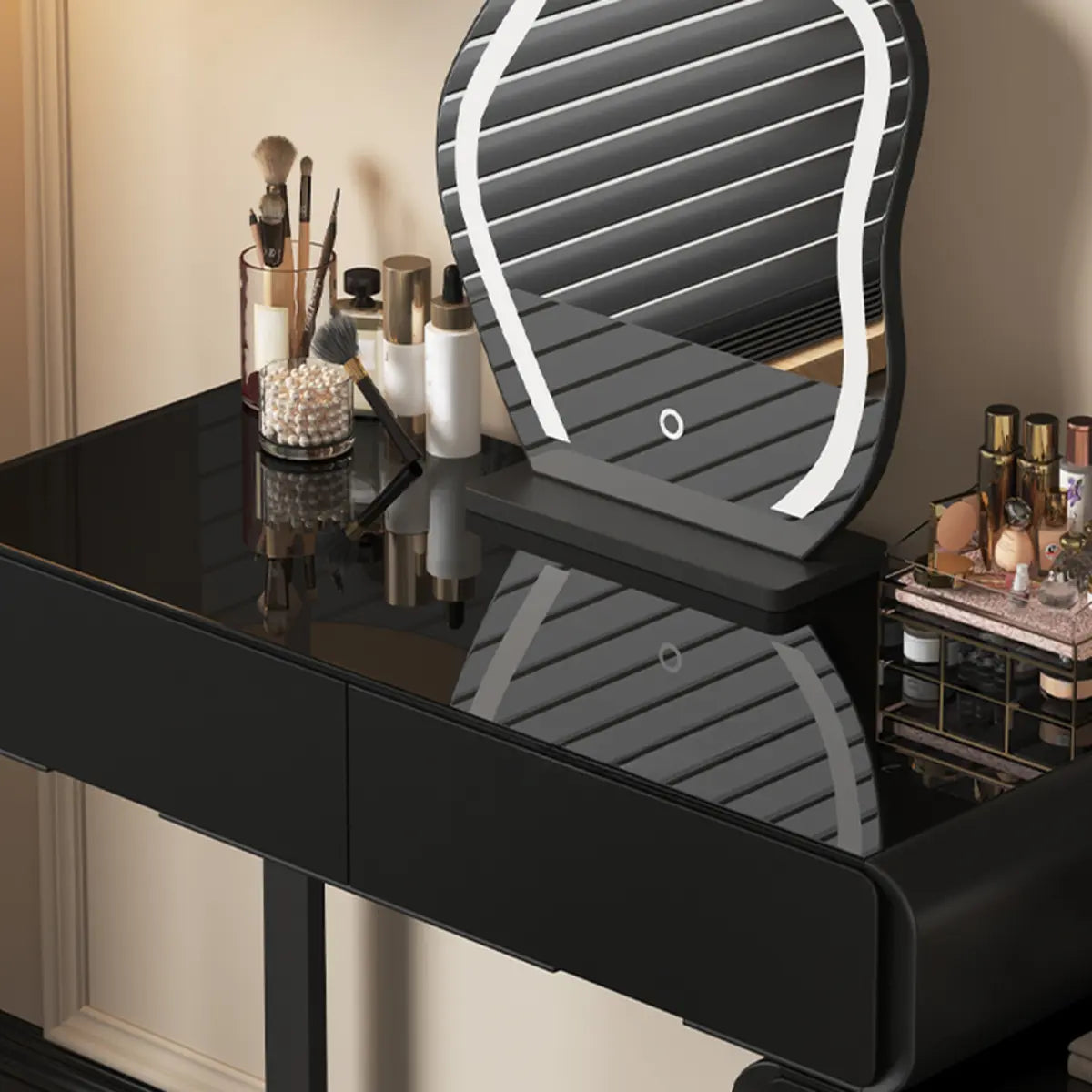 Modern Abstract Black Wood Bedroom LED Mirror Makeup Vanity Image - 8