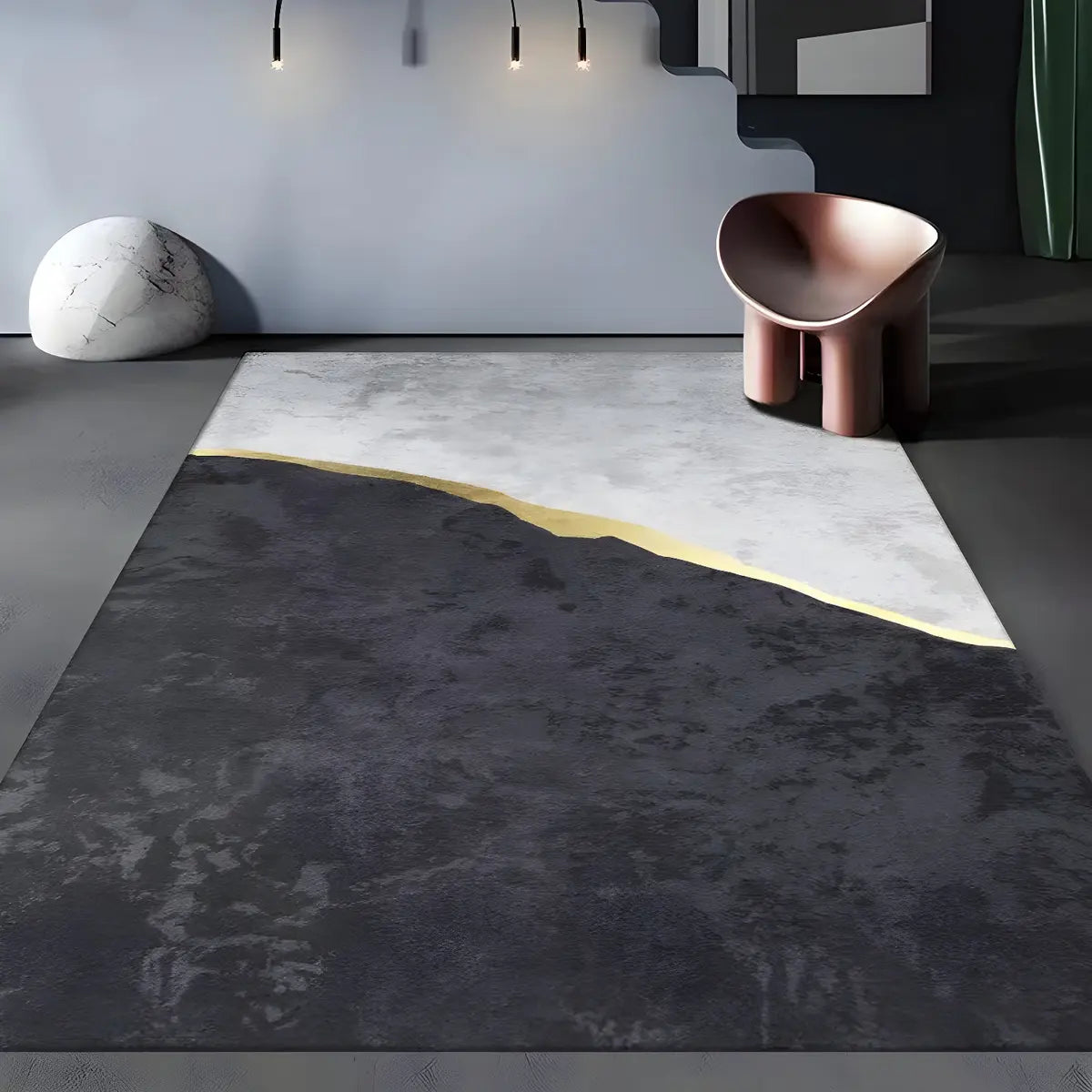 Modern Abstract Polyester Black and Gold Area Rug Image - 1