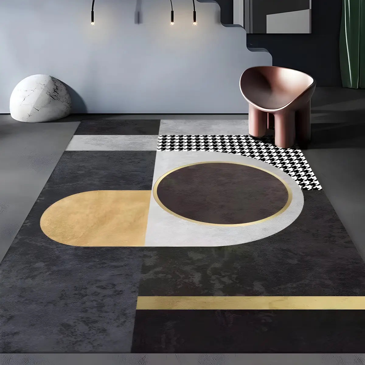 Modern Abstract Polyester Black and Gold Area Rug Image - 2