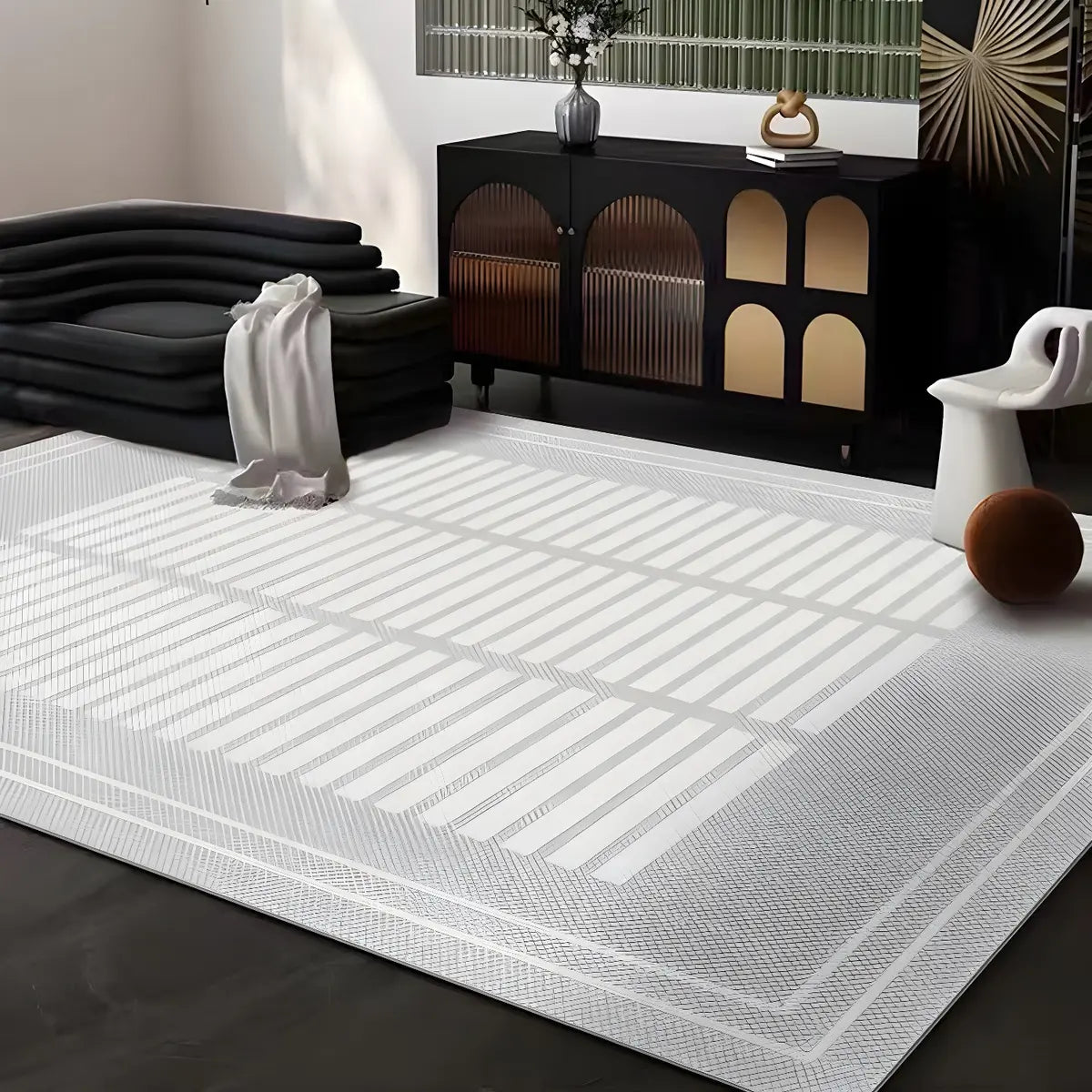 Modern Abstract Rectangle Polyester Beige Area Rug Image - 7